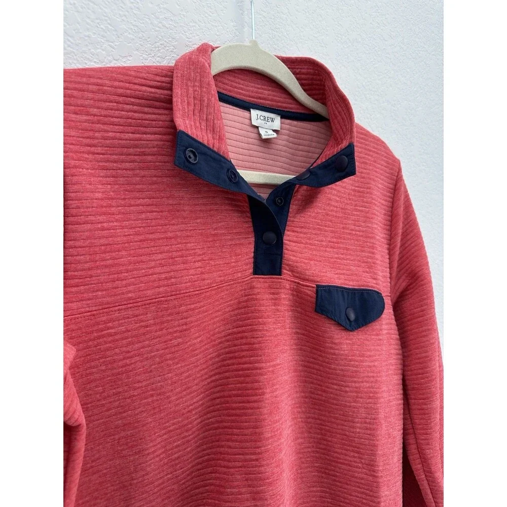 J.Crew Men's S BJ131 Textured Ribbed Snap Neck Fleece Pullover Coral Pink Navy